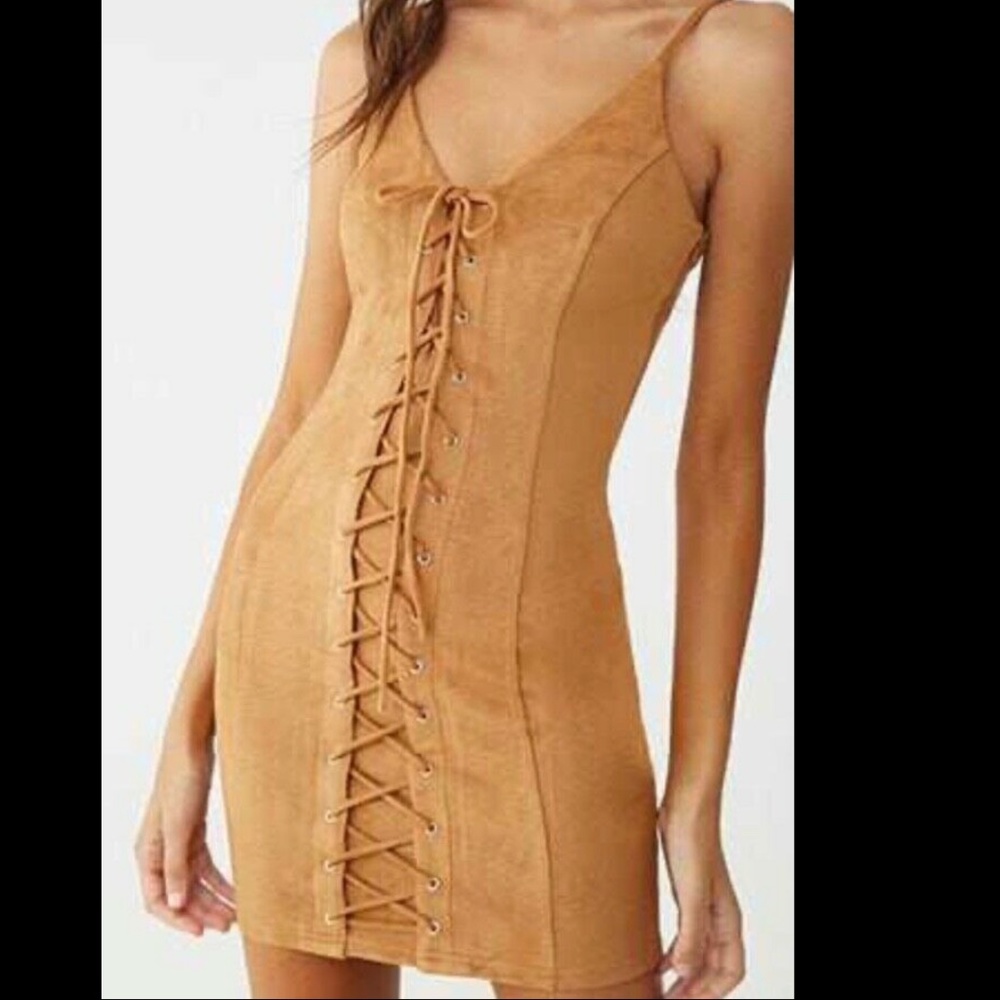 Forever 21 Faux Suede Lace-Up Mini Dress (Large, Camel)